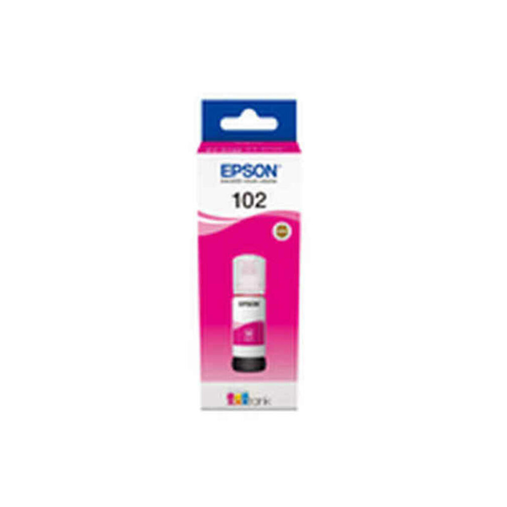 Butelka z tuszem Epson 102 w różowo-białym pudełku. Pudełko zawiera logo Epson i informacje o produkcie.