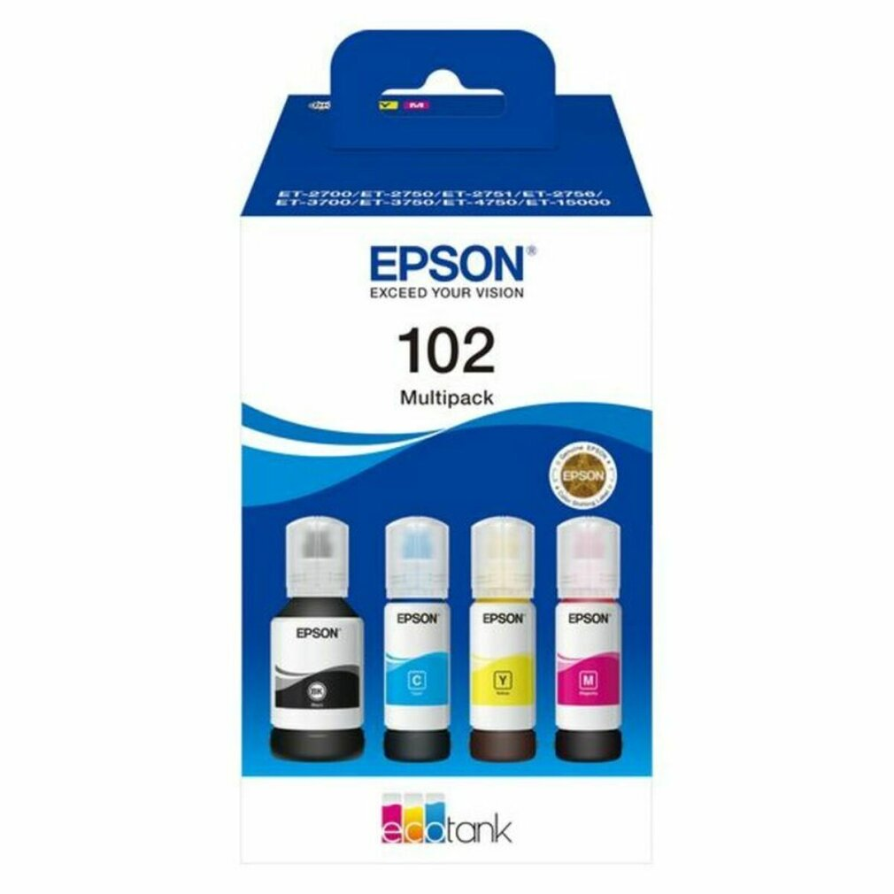 Butelki z tuszem Epson 102 Multipack w pudełku. Zawiera cztery butelki z czarnym, cyjanowym, żółtym i magenta.