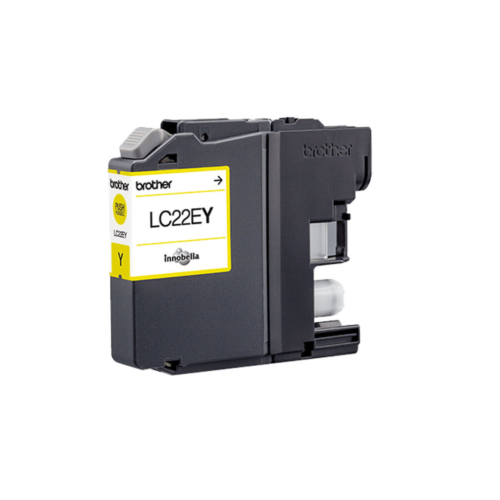 Een gele Brother inktcartridge. Het heeft een geel label en een grijze hendel. De tekst luidt LC22EY.