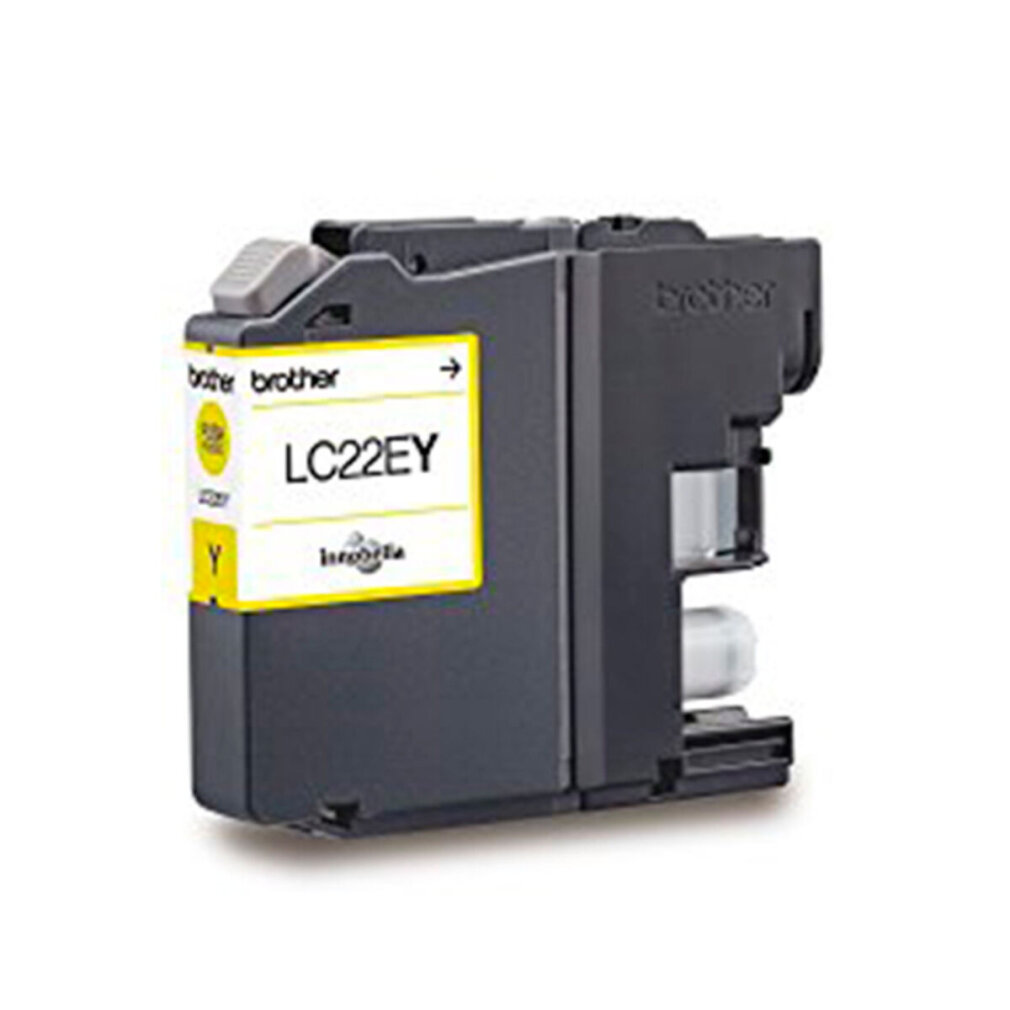 Brother gele inktcartridge, zwarte en gele inkt, geel label en zwarte behuizing.