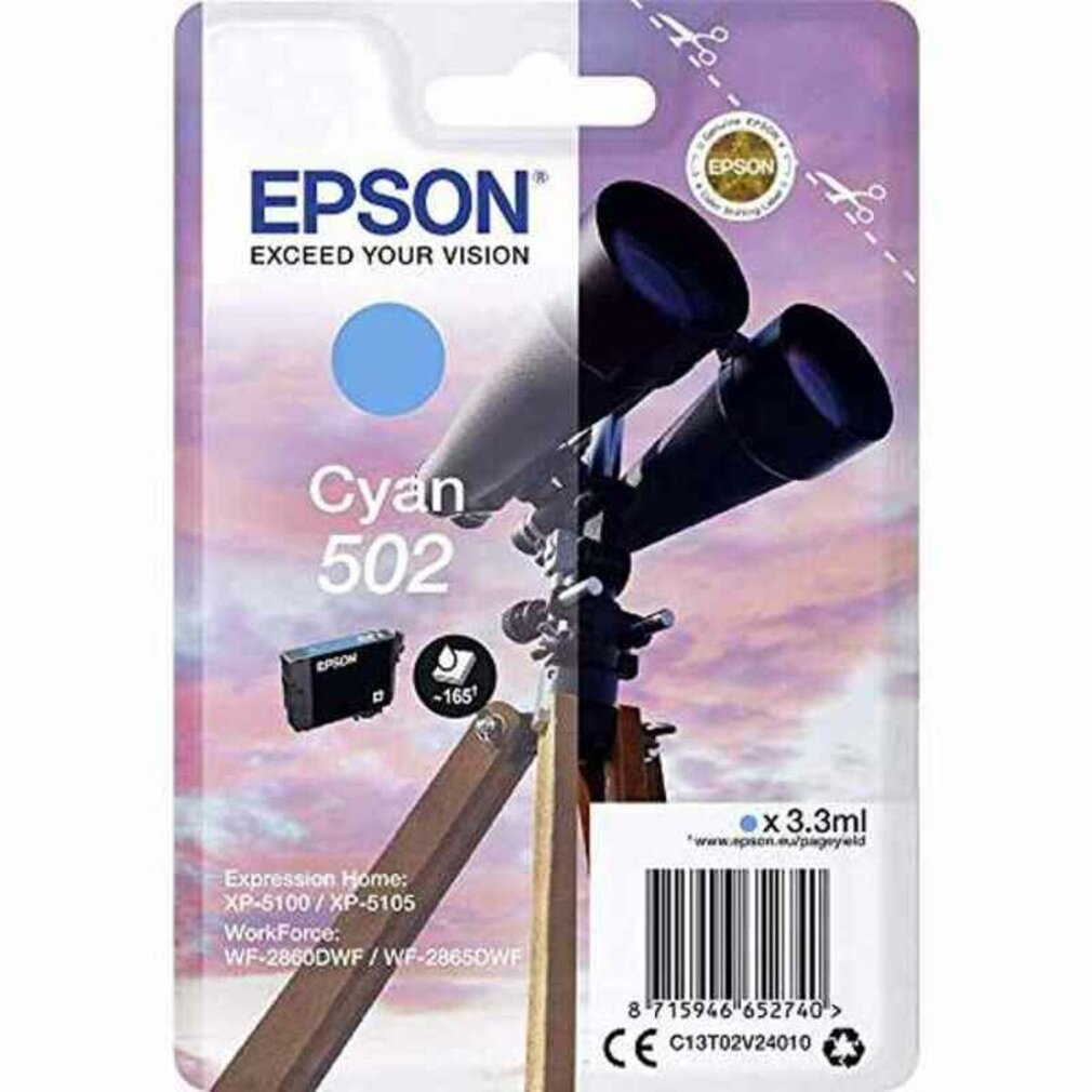 Wkład atramentowy Epson Cyan 502 w blistrze. Niebieskie koło i obraz lornetki znajdują się z przodu.