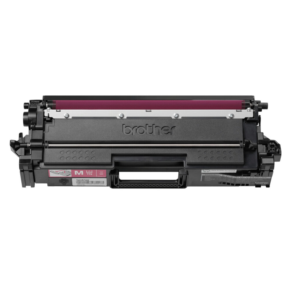 Cartucho de tóner Brother con rodillo magenta. El cartucho es negro y tiene el logotipo de Brother.