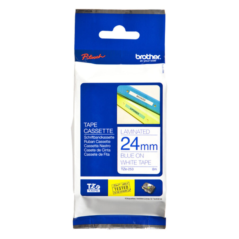 Eine Brother TZe-253 Etikettentape-Kassette. Sie ist weiß mit blauem Text, laminiert, 24 mm breit.
