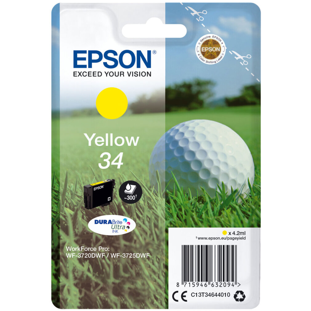 Emballage de cartouche d'encre Epson. Encre jaune, image de balle de golf, fond d'herbe verte.