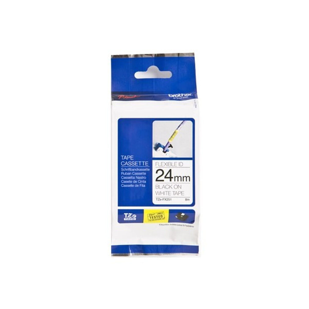Eine Brother TZe-FX251 Etikettentape-Kassette. Sie ist weiß mit schwarzem Text und flexibel, 24 mm breit.