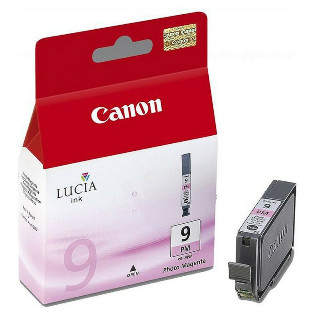 Un cartucho de tinta foto magenta Canon 9 PM y su caja. La caja es roja y blanca, y el cartucho es negro.