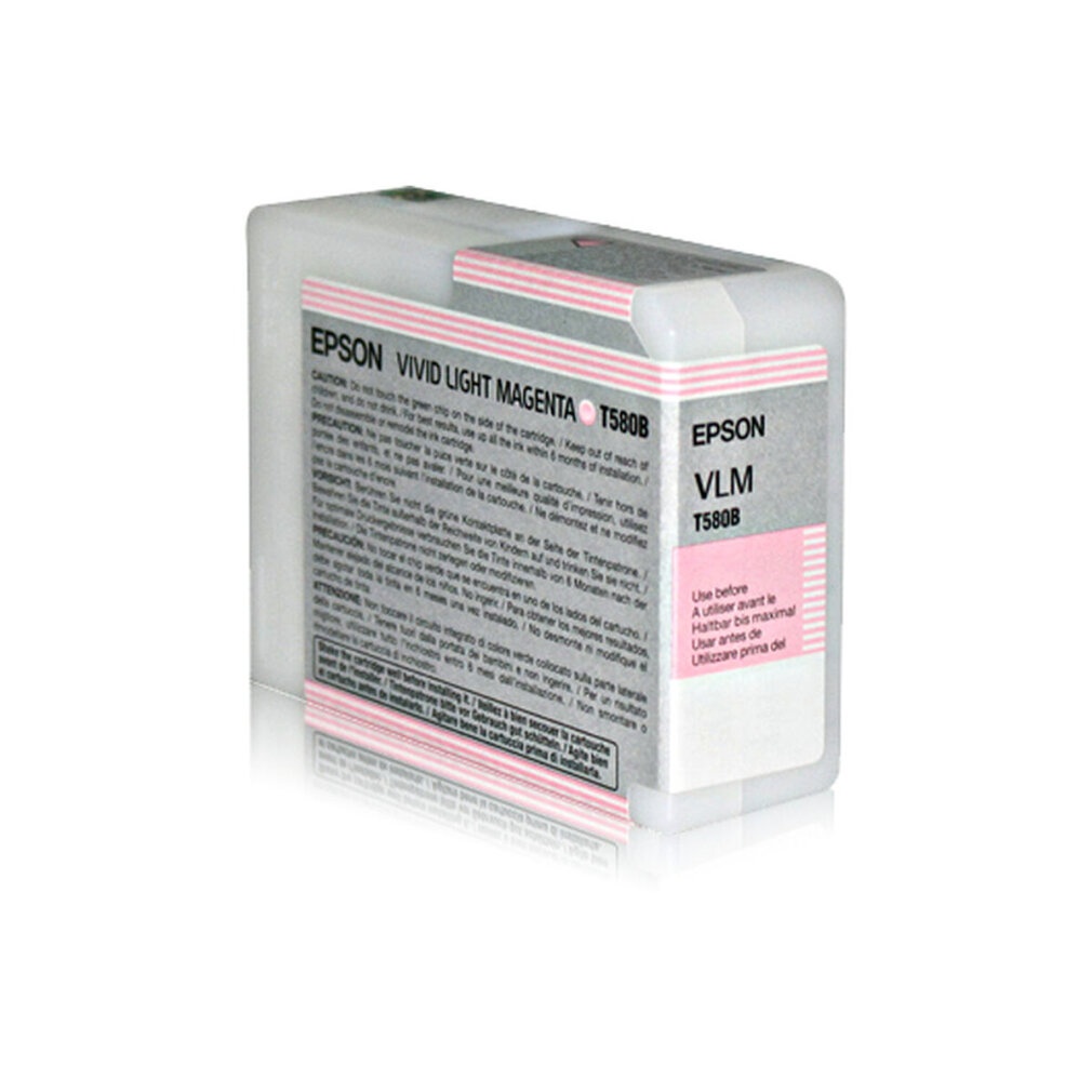Une cartouche d'encre Epson Vivid Light Magenta T580B. La cartouche est blanche avec du texte rose et noir.