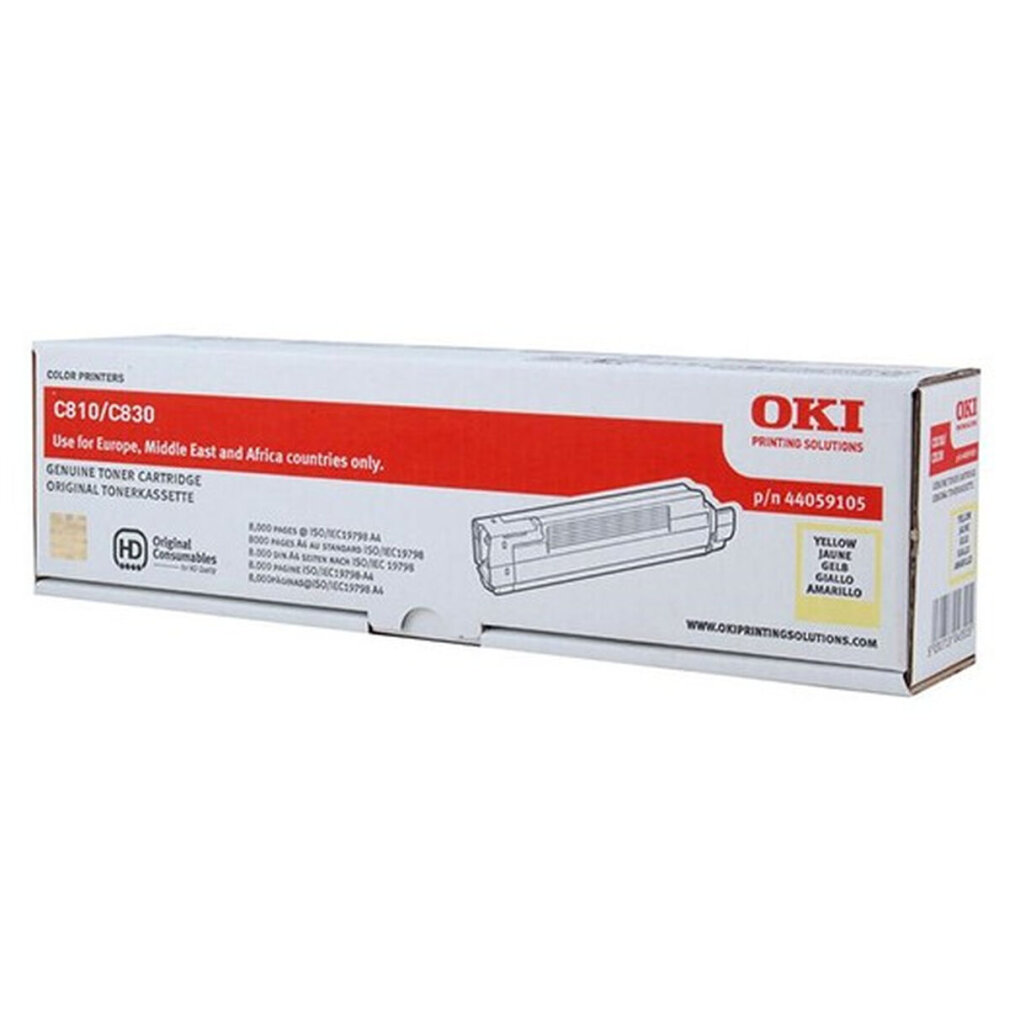 Een OKI C810/C830 tonercartridge doos. De doos is wit, rood en geel, met een afbeelding van de cartridge.