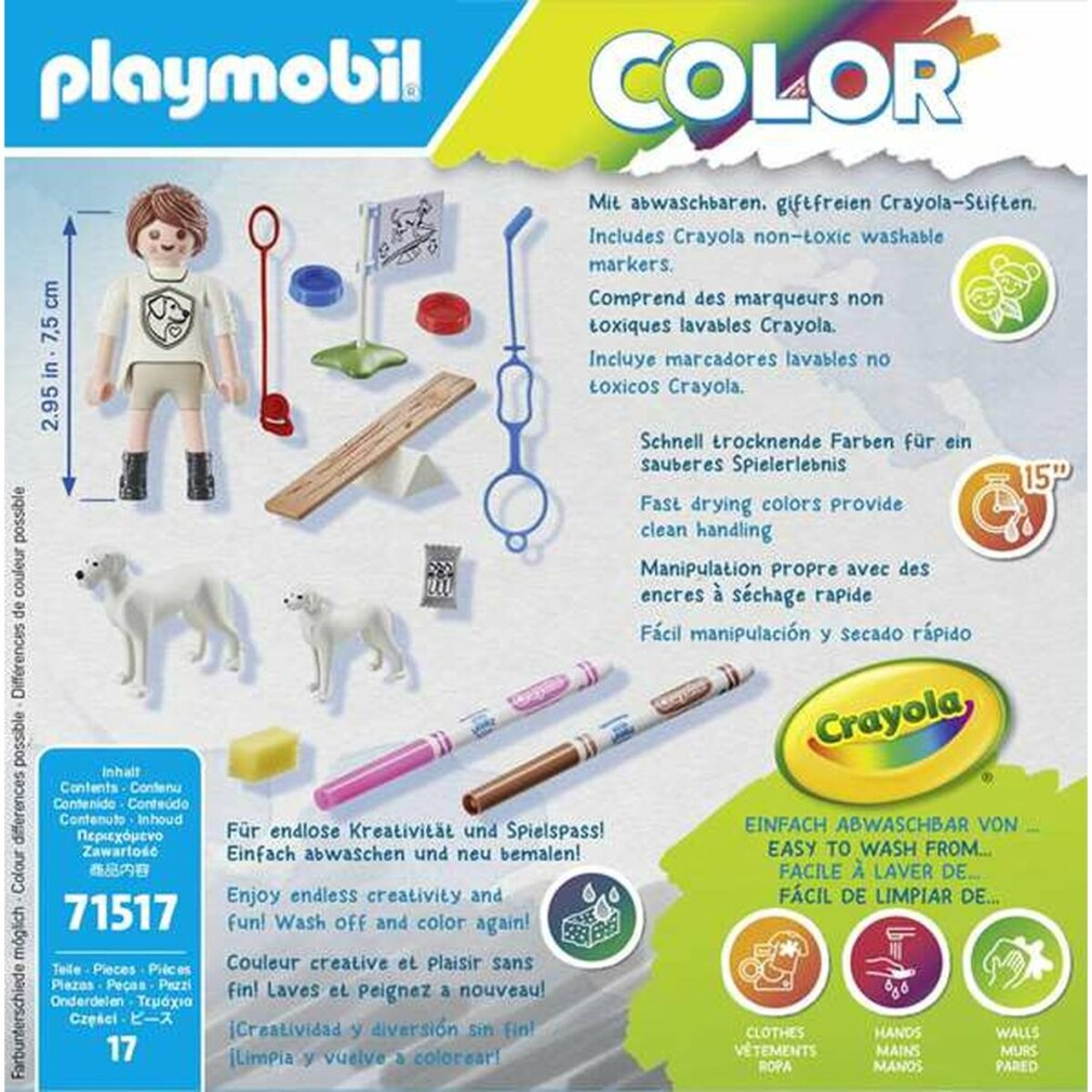 Set Playmobil Color. Incluye figuras, perros, rotuladores y un pequeño balancín, y texto en varios idiomas.