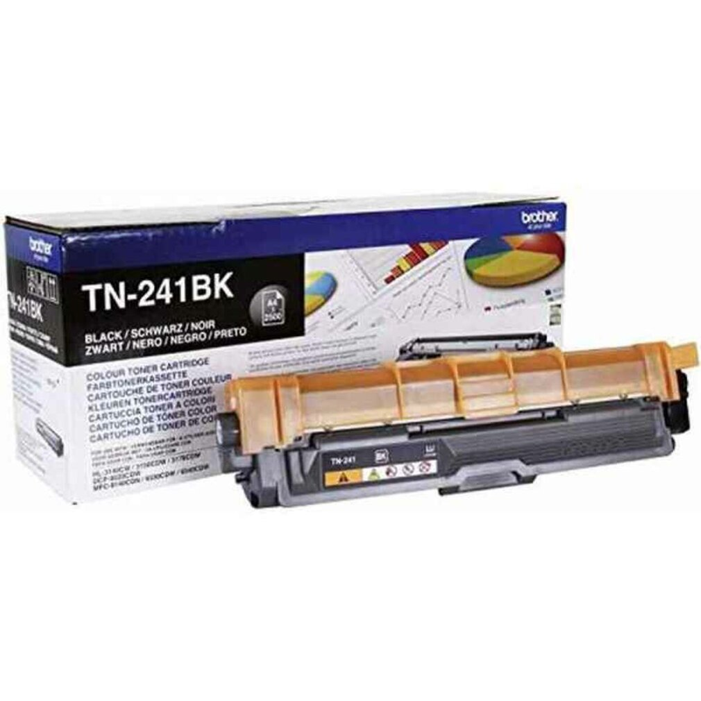 Brother toner cartridge box. Black, yellow, and orange details with product info.