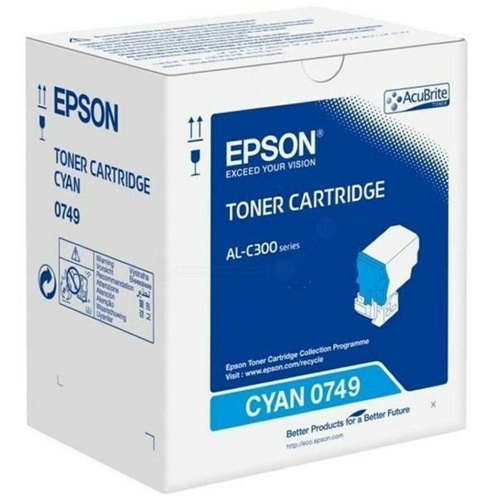 Epson Cyan Tonerkartuschenbox. Weiß mit blauen Details und dem Epson-Logo.