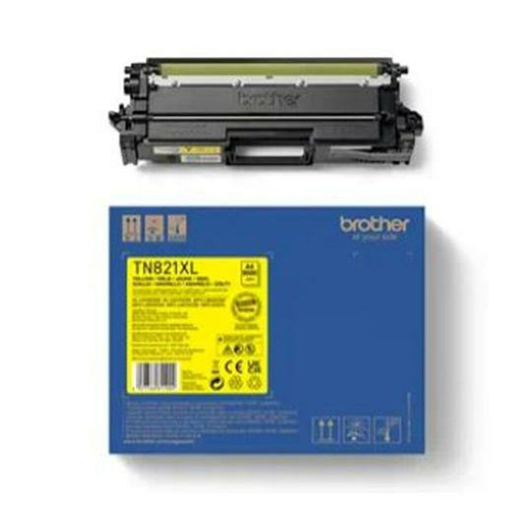 Une cartouche de toner Brother dans sa boîte. La boîte est bleue et jaune. La cartouche est noire.