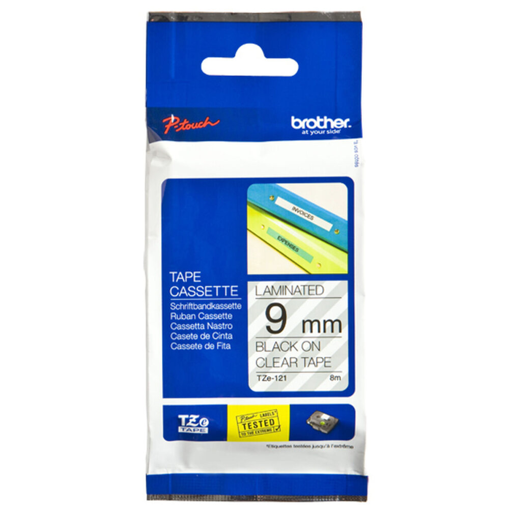 Confezione di cassette per etichette Brother P-touch. Il nastro è nero su trasparente e largo 9 mm. Confezione blu.