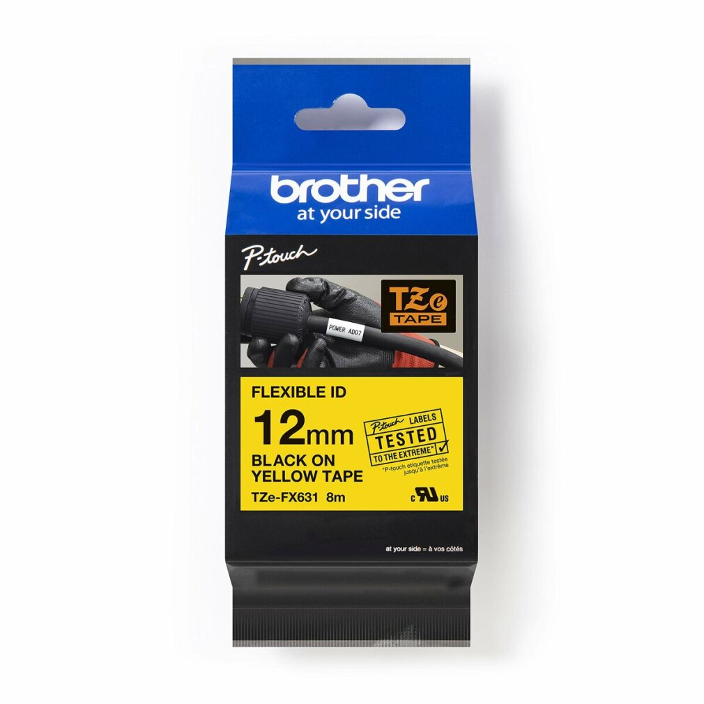 Brother P-touch-Bandpaket. Schwarz auf gelbem Band, 12 mm breit. Zeigt eine Hand mit einem Kabel.