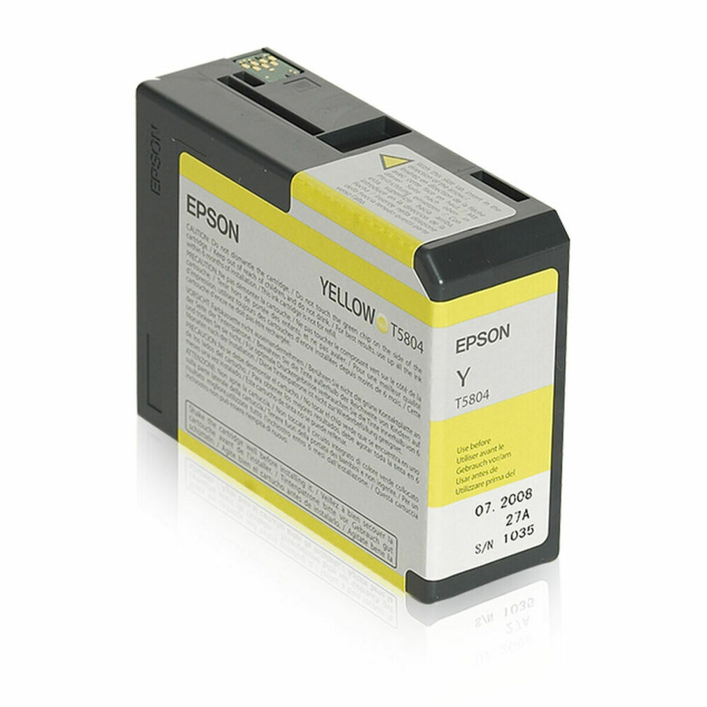 Cartouche d'encre Epson jaune. La cartouche est noire avec une étiquette jaune. Il est écrit 'YELLOW T5804'.