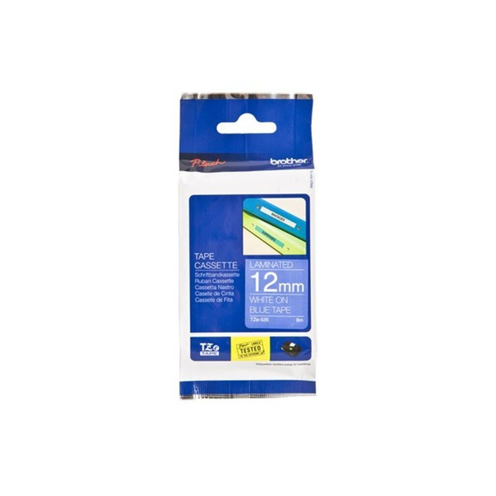 Blau-weiße Brother-Bandkassette mit weißem Text auf blauem Hintergrund.
