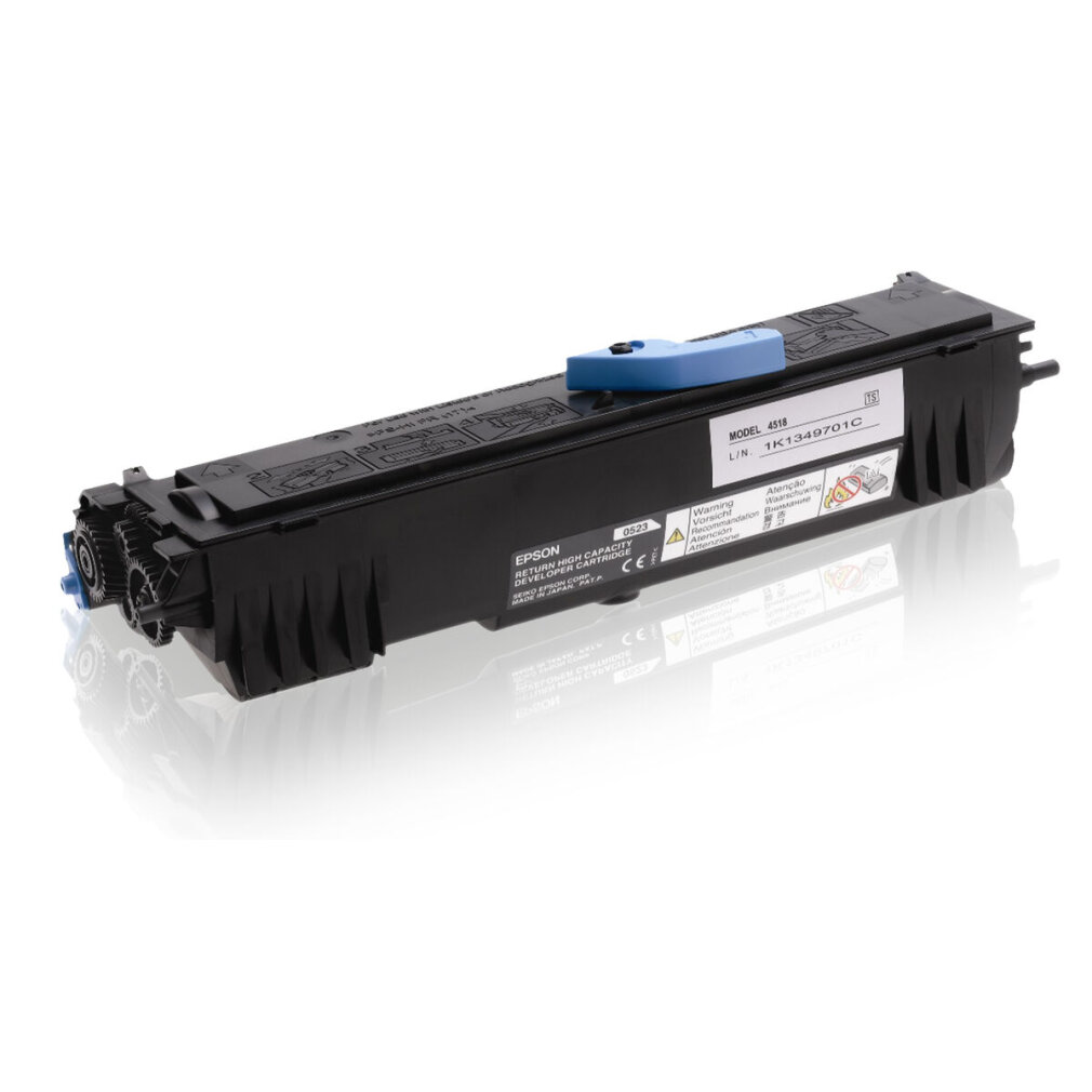 Epson Tonerkartusche Modell 4518. Sie ist schwarz mit blauen und weißen Etiketten. Die Patrone ist neu.