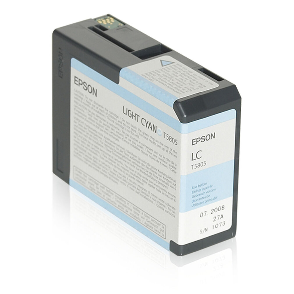 Cartuccia d'inchiostro Epson ciano chiaro con testo bianco sull'etichetta.