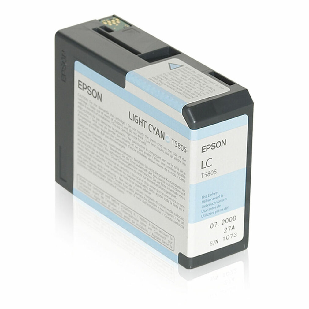 Cartuccia d'inchiostro Epson ciano chiaro con testo bianco sull'etichetta.