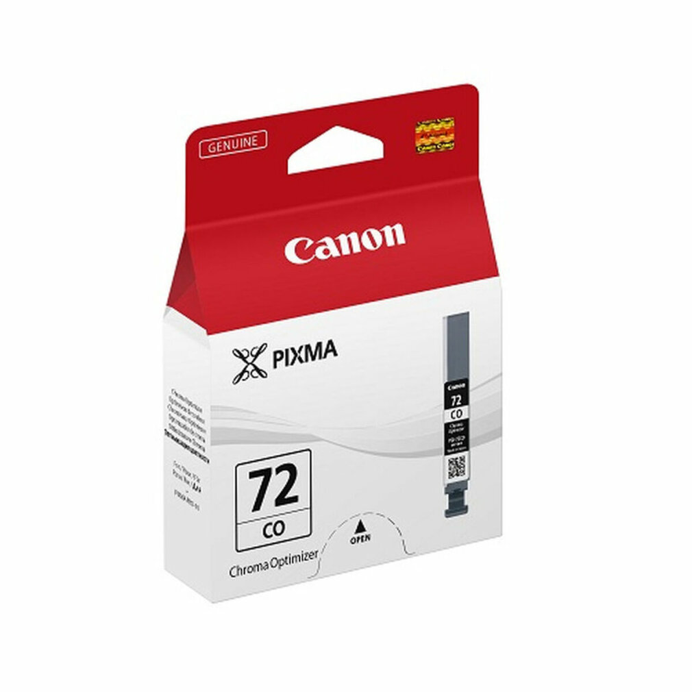 Una scatola di cartucce d'inchiostro Canon Pixma, rossa e bianca, con una cartuccia nera visibile.