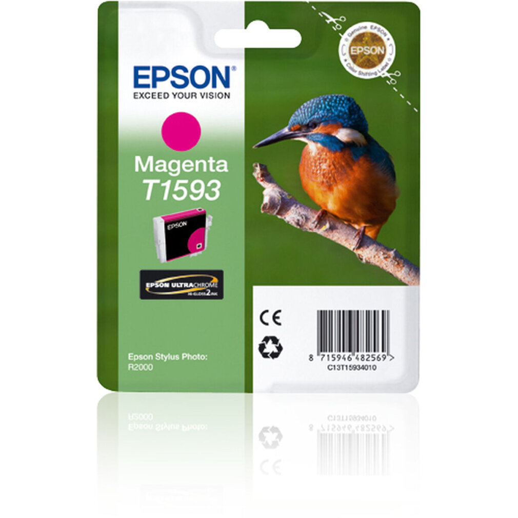 Boîte de cartouche d'encre magenta Epson avec une image de martin-pêcheur.