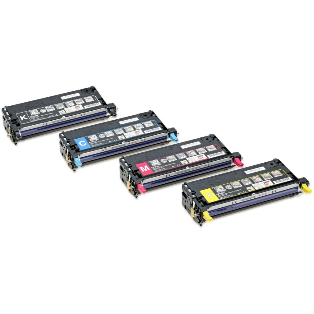 Quattro cartucce toner Epson, nero, ciano, magenta, giallo, in fila.