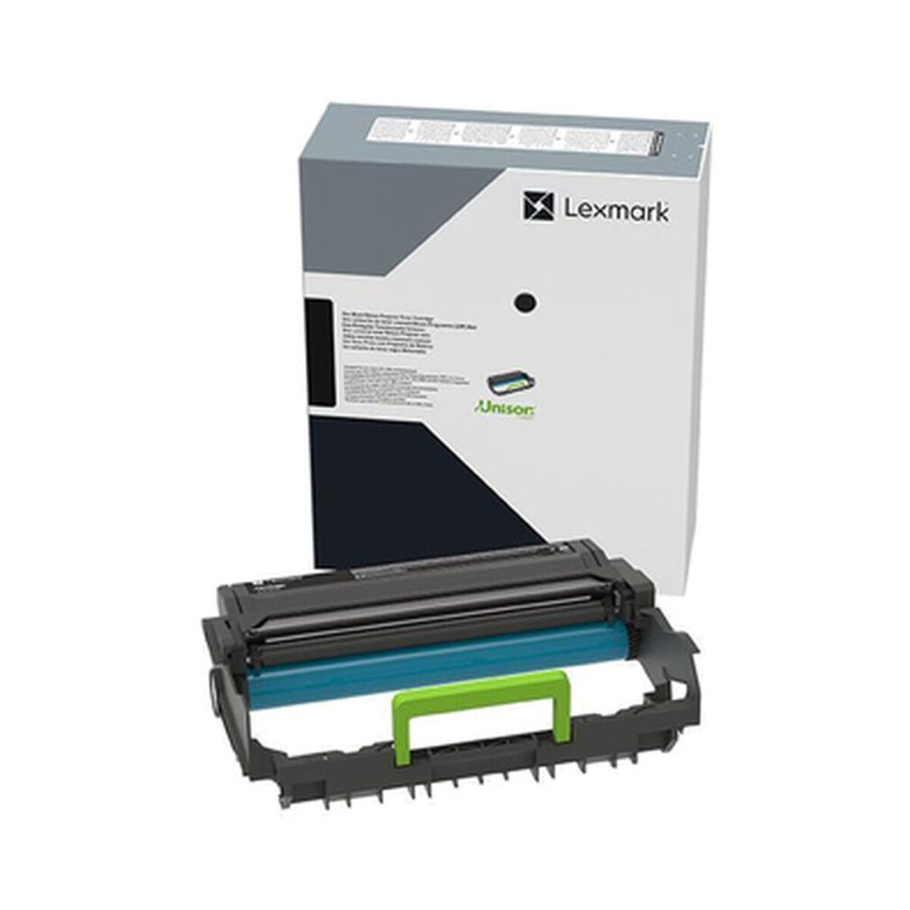Lexmark tonercartridge met een groene handgreep, naast een doos.