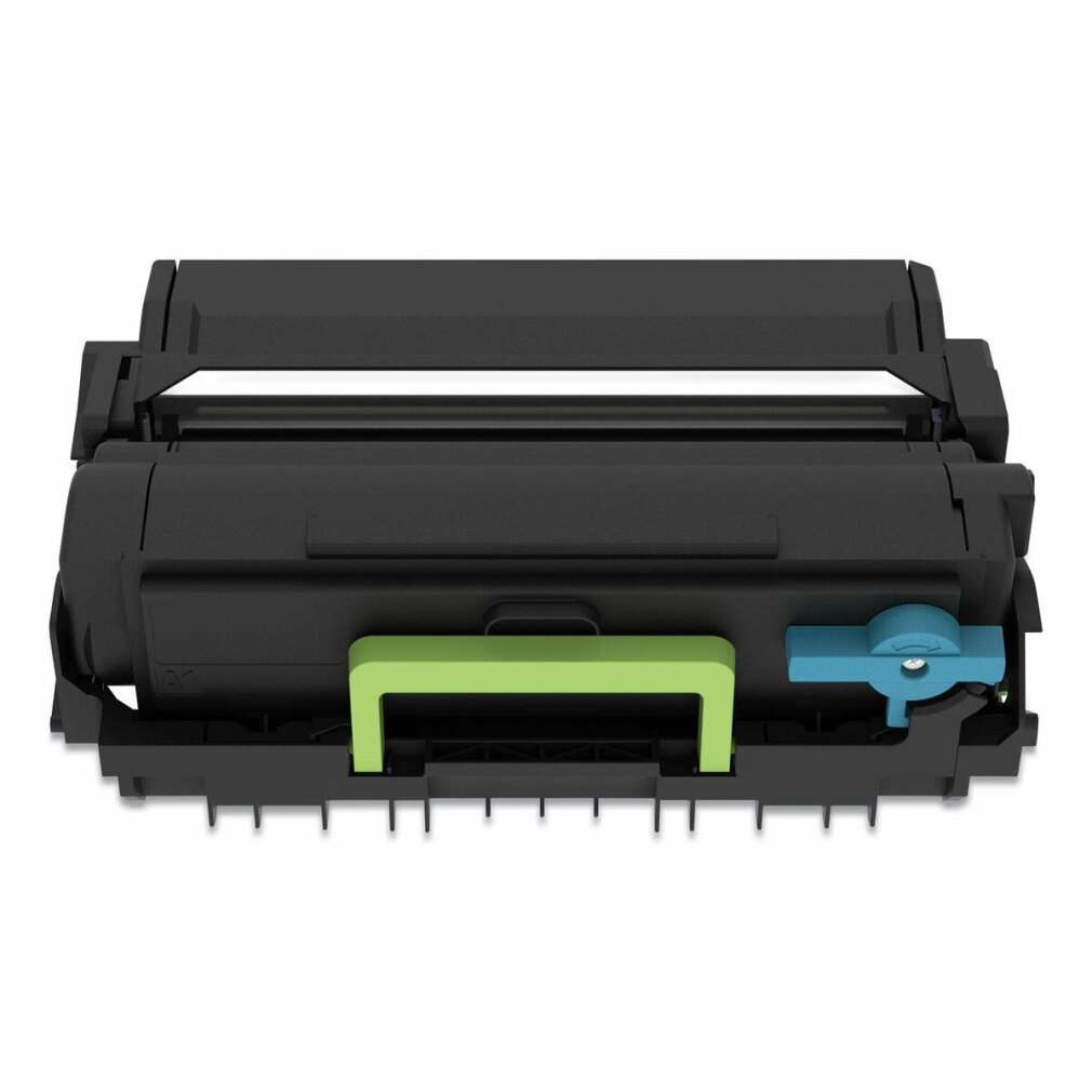 Zwarte en groene Brother tonercartridge. Het heeft een groene handgreep en een blauwe hendel.