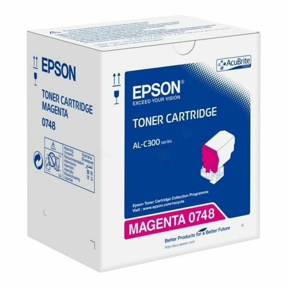 Scatola cartuccia toner Epson, scatola bianca, testo magenta e cartuccia.