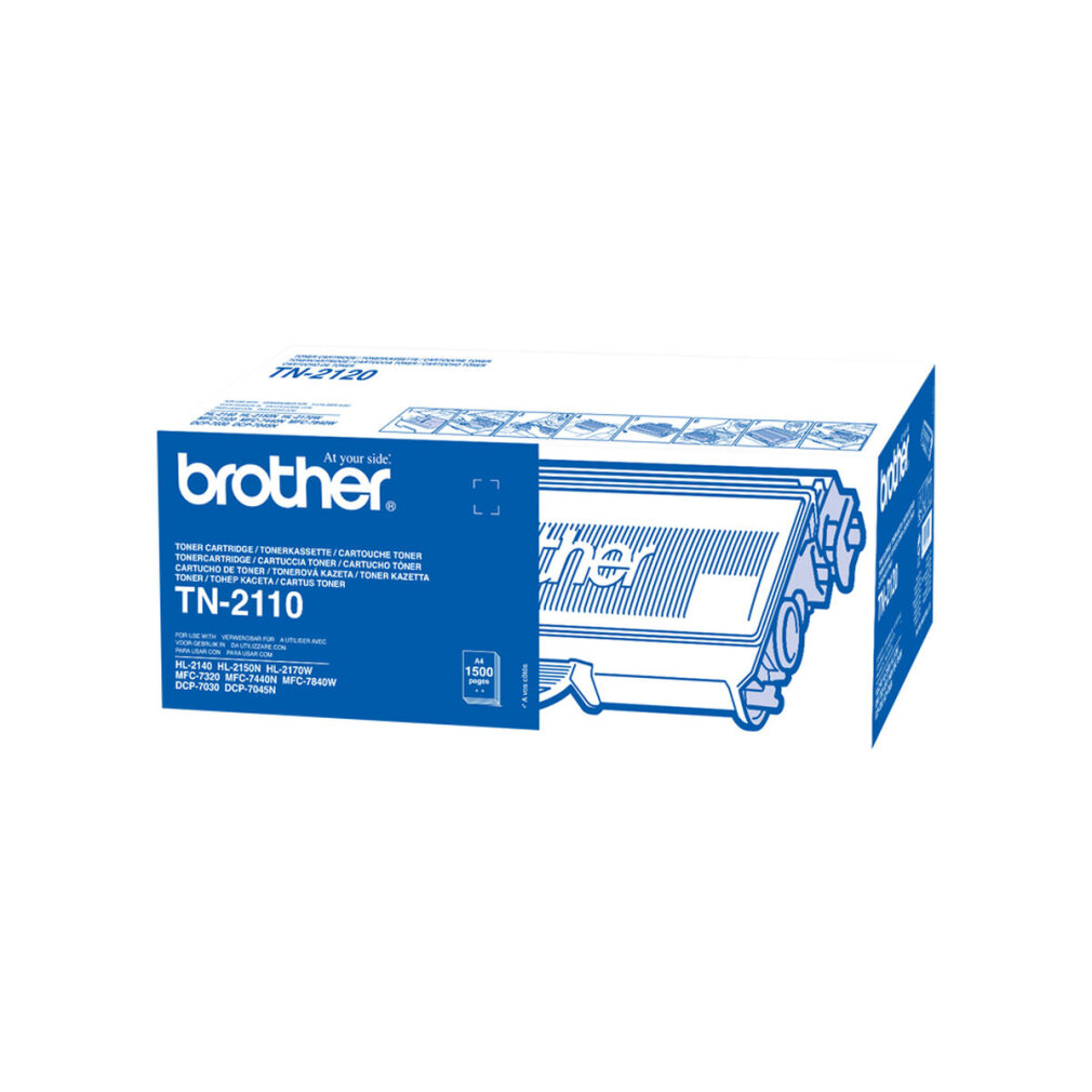 Ein Brother-Toner-Kartuschenkarton mit der Modellnummer 'TN-2110' auf weißem Hintergrund.