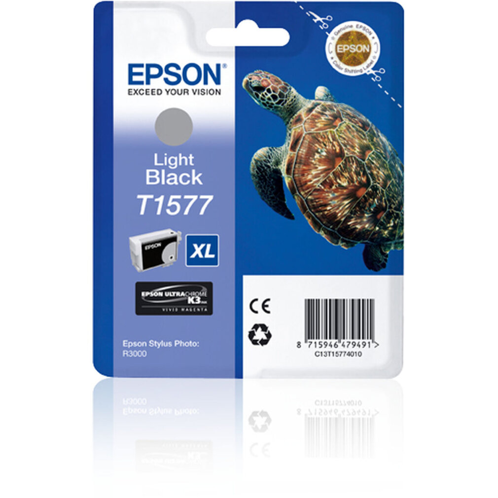 Opakowanie wkładu atramentowego Epson z grafiką żółwia morskiego. Etykieta: Light Black T1577.