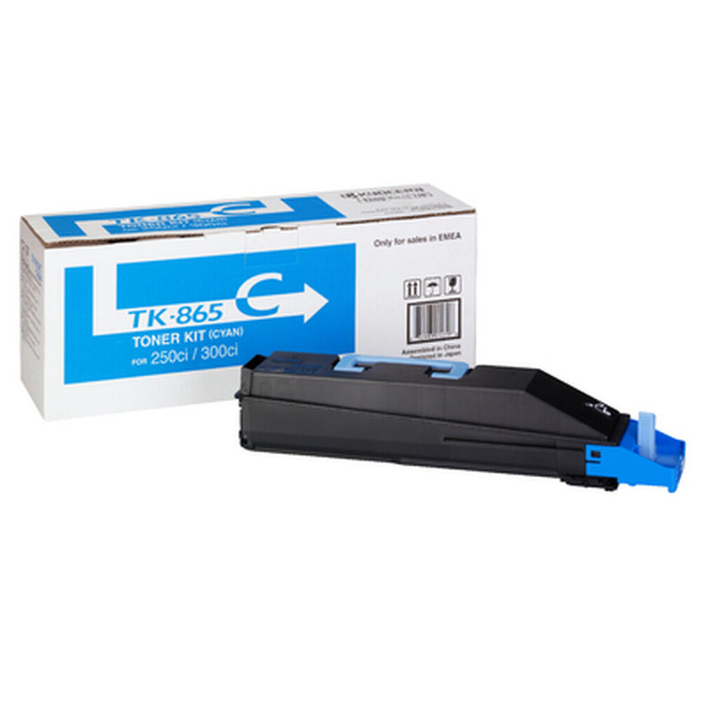Tonerkit doos, Cyaan kleur, voor Kyocera printers. De doos is blauw en wit.