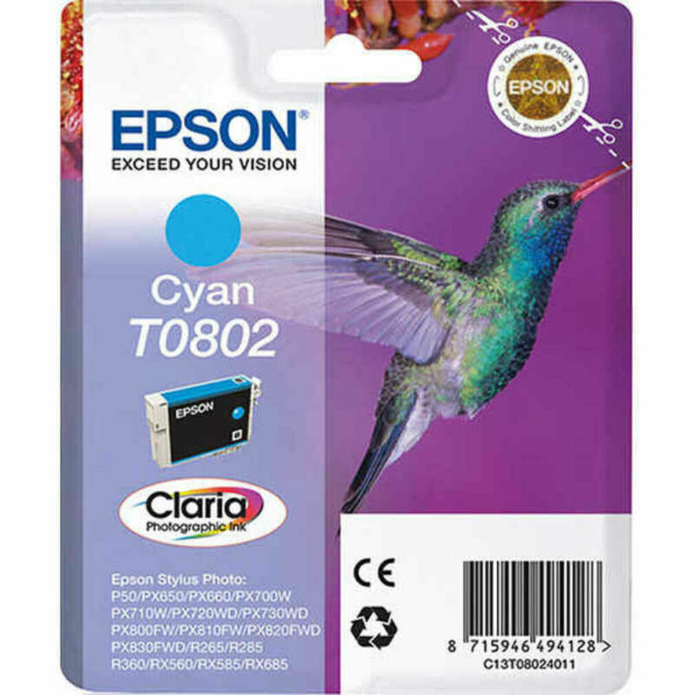 Confezione di cartucce d'inchiostro Epson con una grafica di colibrì. È etichettata Cyan T0802.