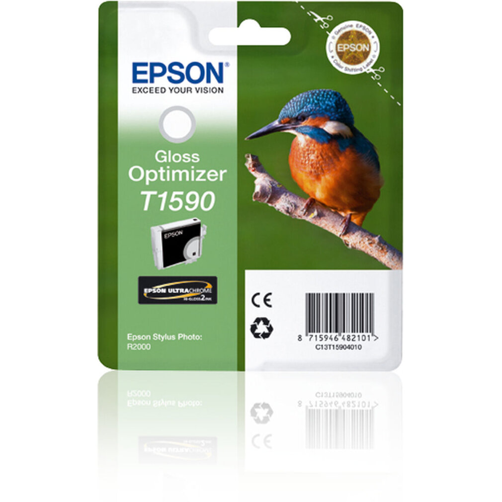 Una confezione di cartucce d'inchiostro Epson con un martin pescatore e il logo Epson su sfondo bianco.