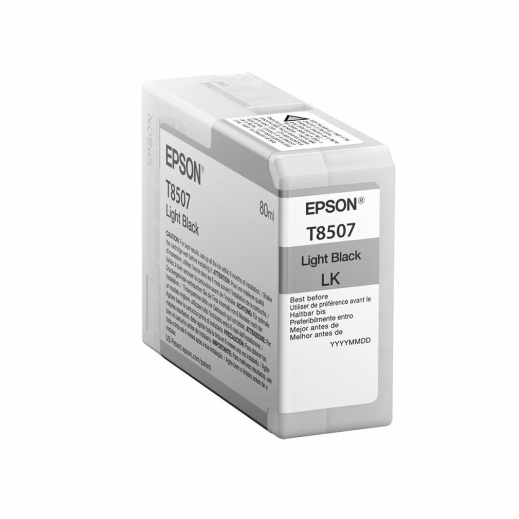 Un cartucho de tinta Epson. Está etiquetado: Epson T8507, Light Black.