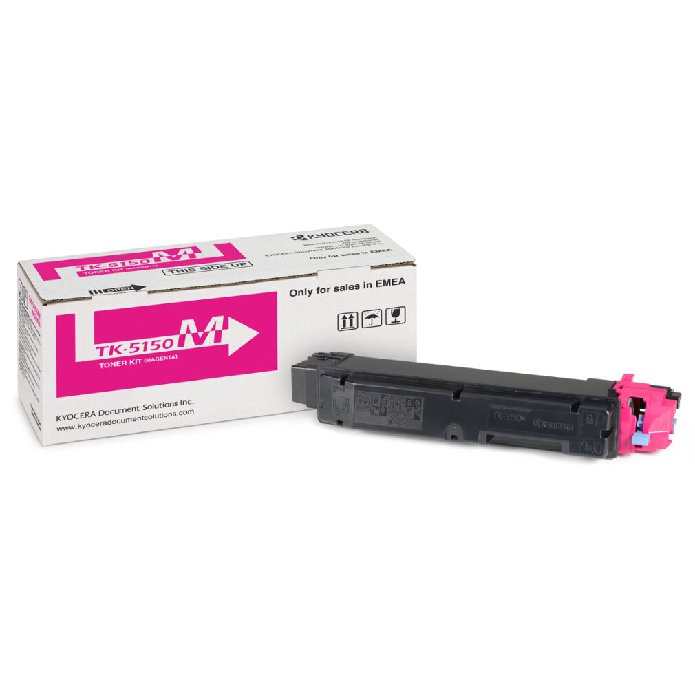 Toner-Kit-Box und -Kartusche, beschriftet: TK-5150 M, Kyocera. Die Box ist rosa und weiß.