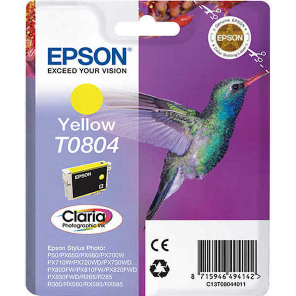 Un emballage de cartouche d'encre jaune Epson avec une illustration de colibri et le logo Epson.