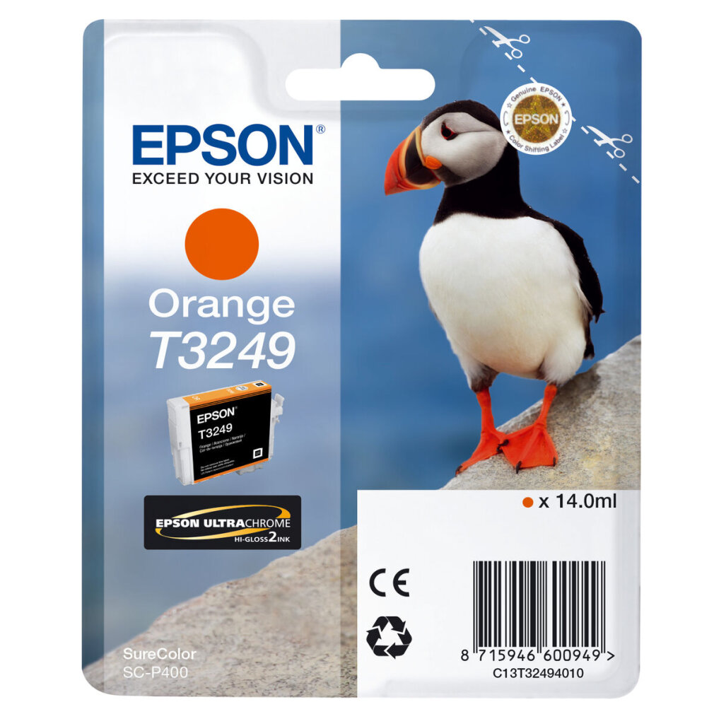 Confezione di cartucce d'inchiostro Epson con un grafico di pulcinella di mare, etichettata: Orange T3249.