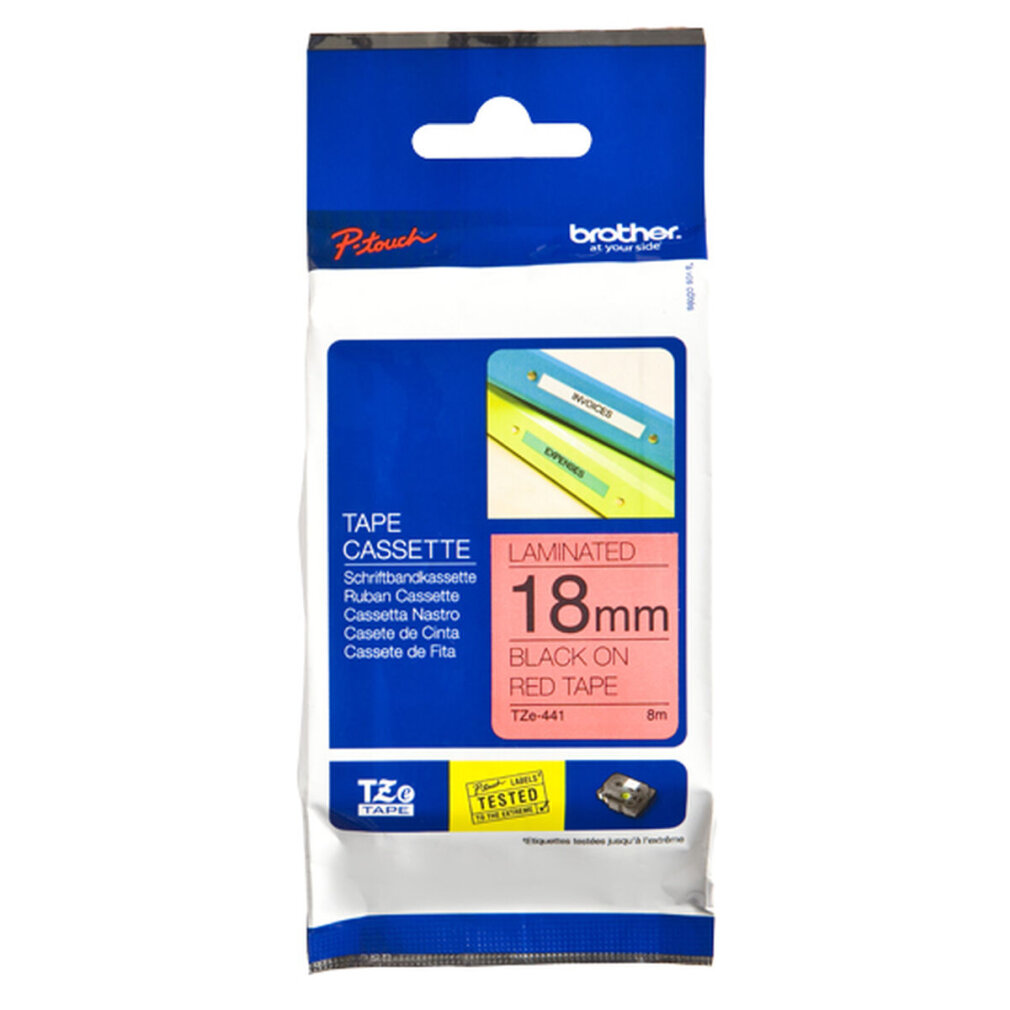 Eine blau-weiße Brother-Kassettenverpackung mit einem schwarz-roten Etikett.