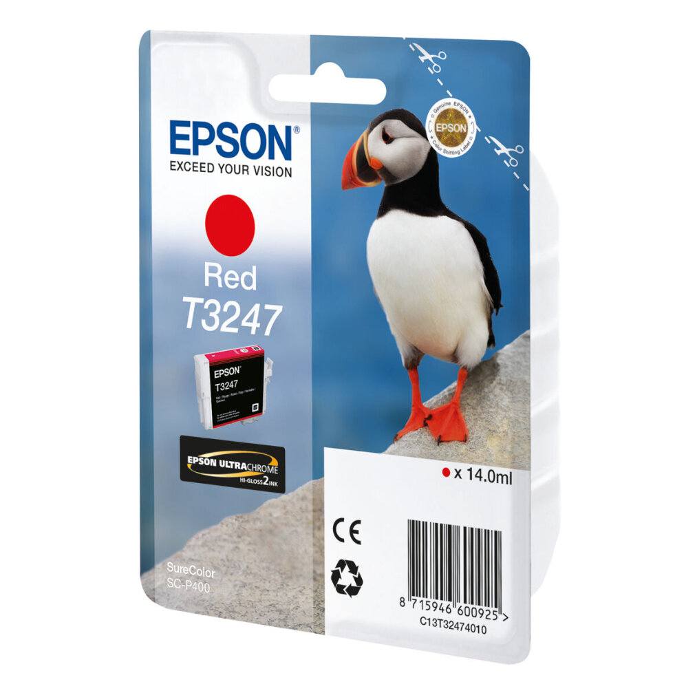 Eine Epson rote Tintenpatronenverpackung mit einer Papageientaucher-Illustration und dem Epson-Logo.
