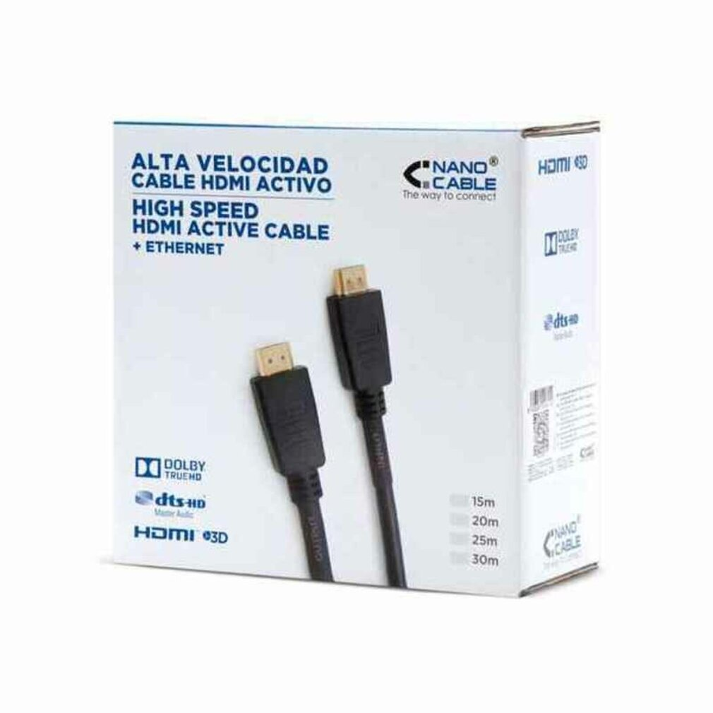 Eine weiße und graue Box mit zwei schwarzen HDMI-Kabeln. Die Box zeigt HDMI- und Dolby TruHD-Logos.