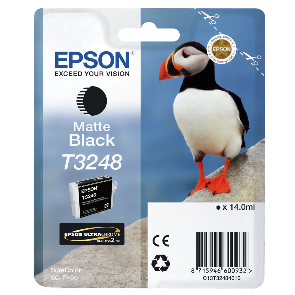 Pulcinella di mare su una roccia, con confezione cartuccia inchiostro Epson.