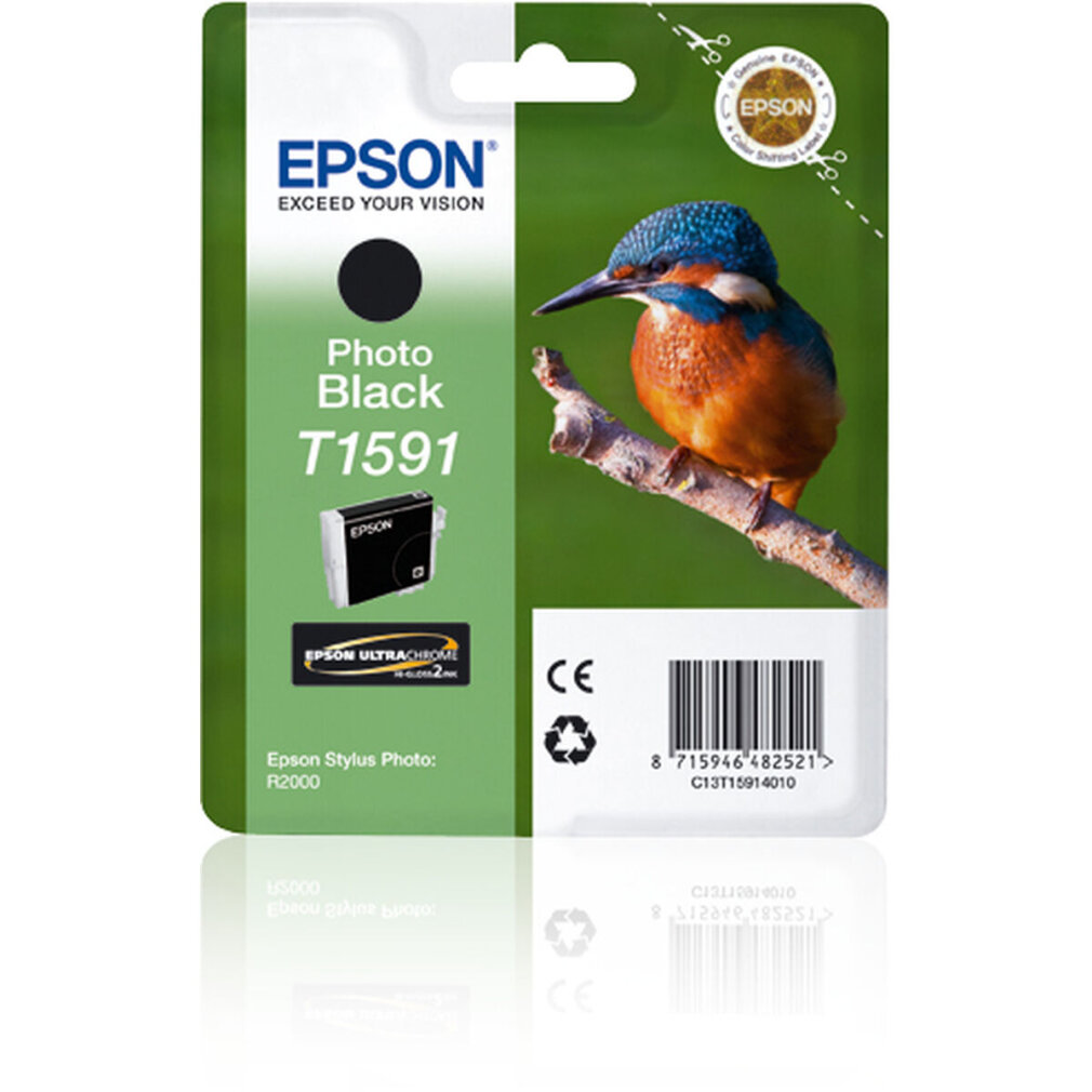 Confezione di cartucce d'inchiostro Epson, nero fotografico, con un uccello su un ramo. Verde e nero.