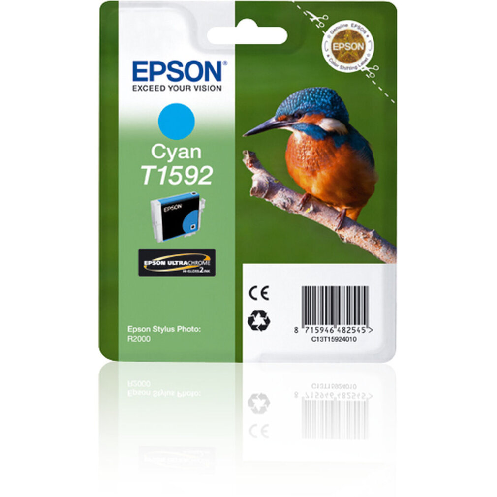 Epson Cyan Tintenpatronenpackung mit Vogel auf Ast. Grün und Blau.