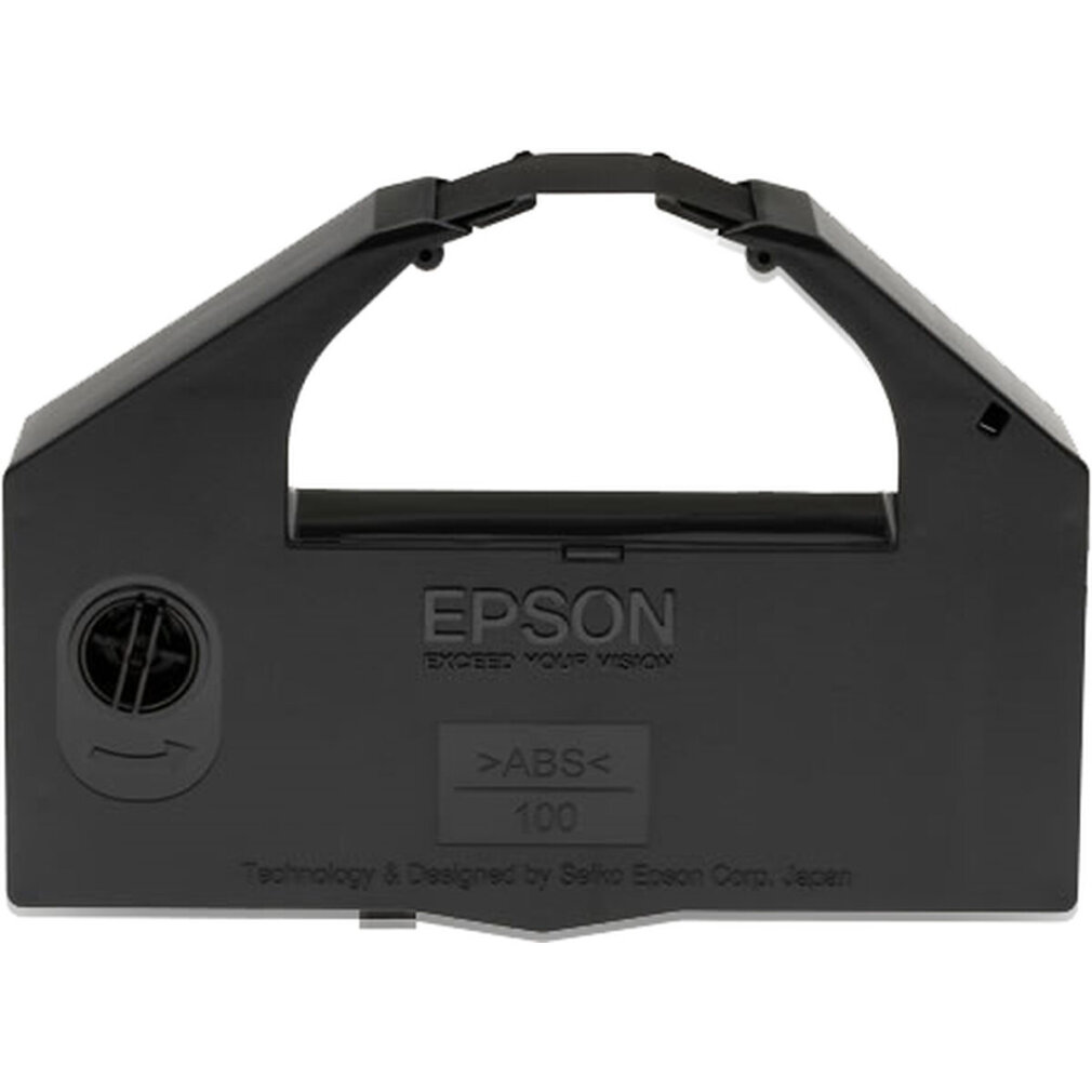 Czarny wkład z taśmą do drukarki Epson. Widoczne logo Epson.