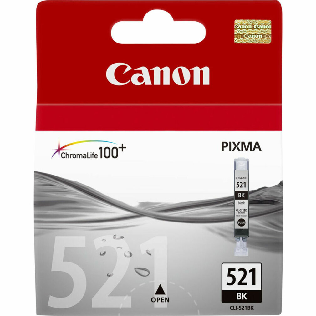 Canon inktcartridge verpakking, zwart, met het nummer 521. Wit en zwart.