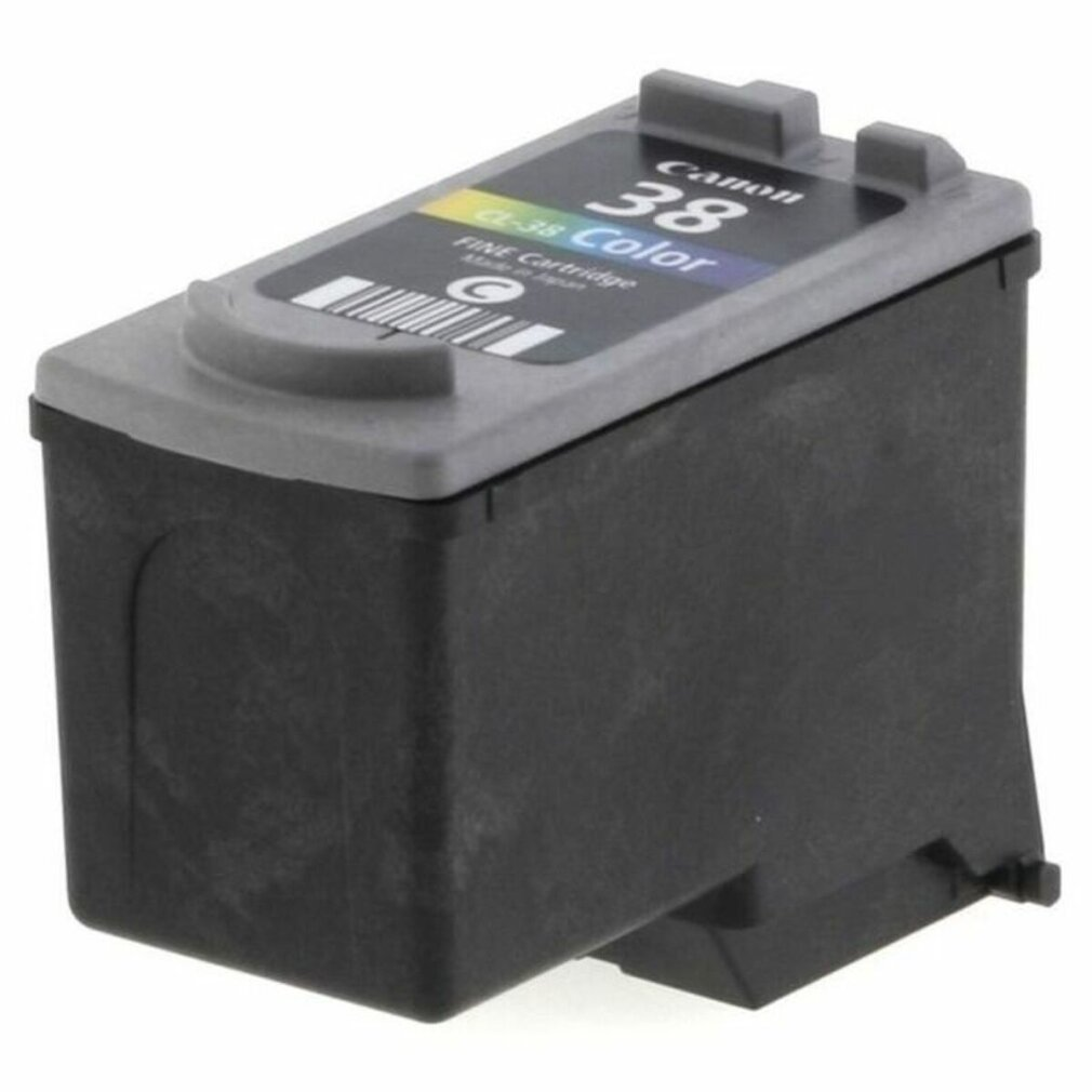 Een zwarte Canon CL-38 kleureninktcartridge, met een lichtgrijze bovenkant. Het heeft een barcode en kleurlabels.