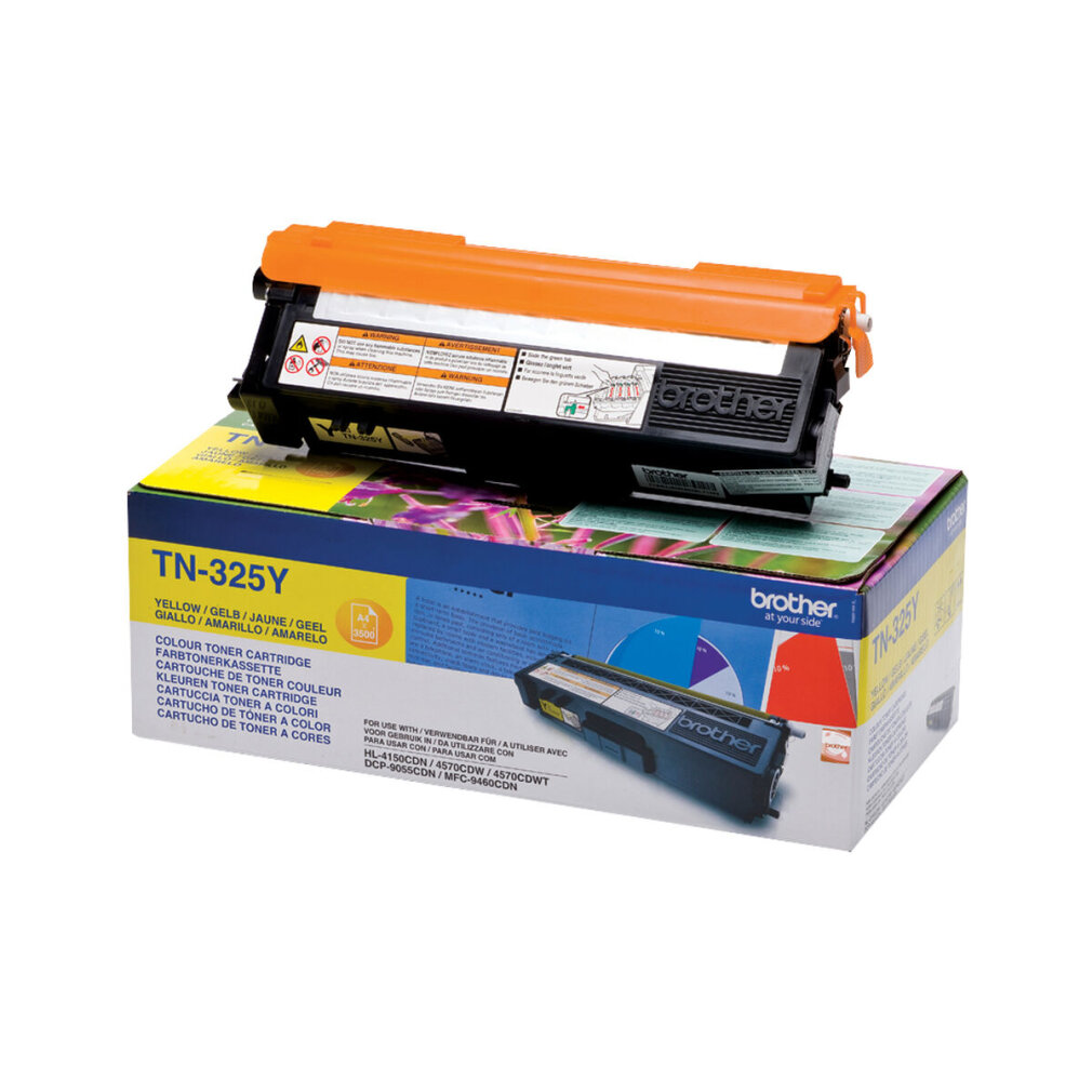 Yellow and black Brother TN-325Y toner cartridge on a box. The box has text and images.