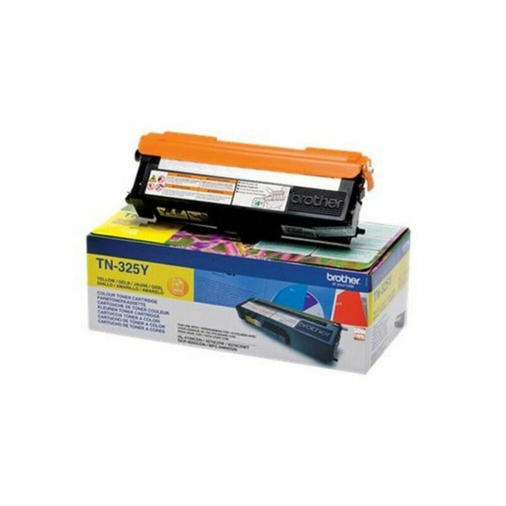 A Brother toner cartridge, yellow, with its box.