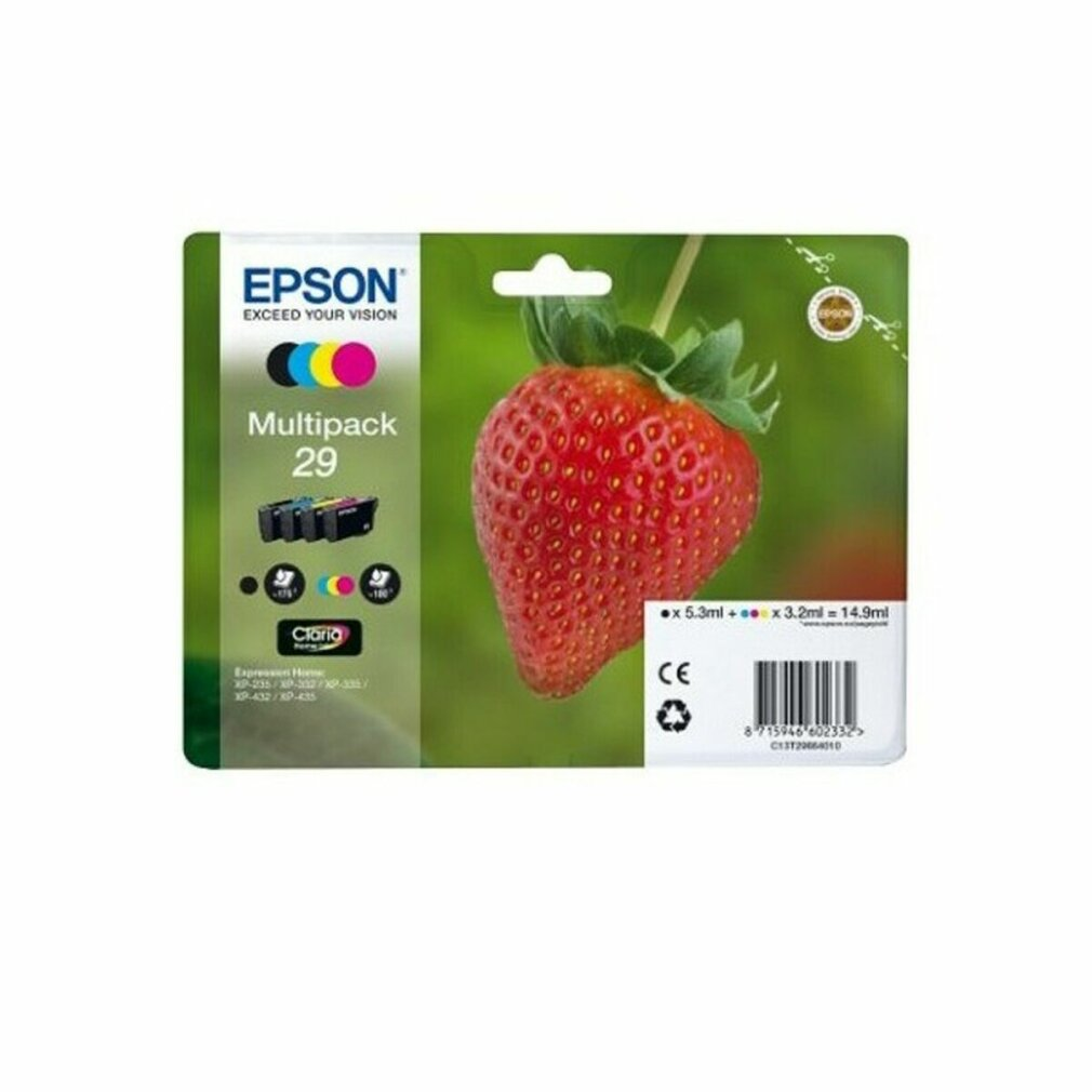 Paquet de cartouches d'encre Epson Multipack 29 avec un graphique de fraise. Contient des encres noire, jaune, magenta et cyan.